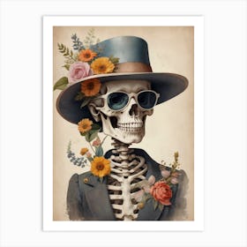 Vintage Floral Skeleton With Hat And Sunglasses (17) Art Print