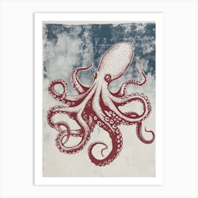 Red Octopus In The Ocean Linocut Inspired  4 Art Print