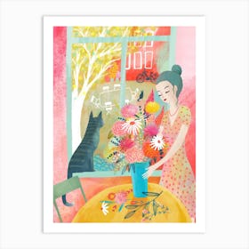 Arrangeing Flowers With Two Cats Art Print