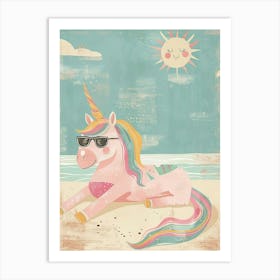 Unicorn Sunbathing On A Beach With The Sun Pastel Storybook Style Art Print