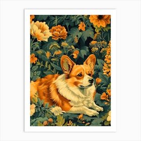 Corgi In The Garden Inspired by William Morris Art Print