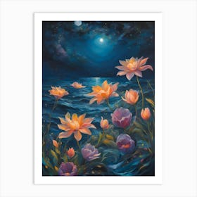 Lotus Flowers At Night Poster