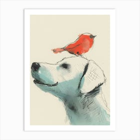 Red Bird On Dog'S Head Art Print