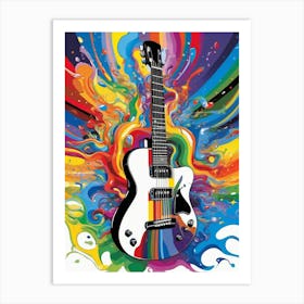 Abstract Rainbow Fluid Explosion behind a Guitar Art Print