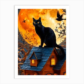 Halloween House With Black Cat Art Print