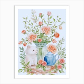 Watercolor Roses With Cat Art Print