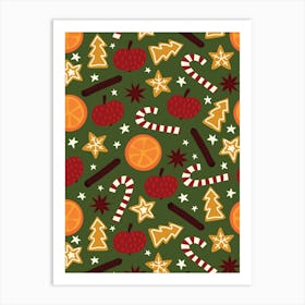 Holiday Spice Folk Art Apples, Oranges, Candy Canes, Cookies on Green Art Print