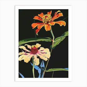 Neon Flowers On Black Zinnia 4 Art Print