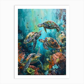 Sea Turtles With A Coral Reef Expressionism Style Painting 2 Art Print