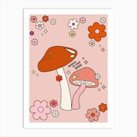 Mushrooms And Flowers Retro 70s Peach Art Print