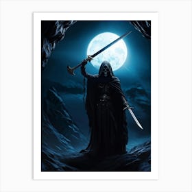 Grim Reapers Skull Emerges From An Abyss Of Bleak Darkness Clutching A Sword Dim Moonlight Castin (2) Art Print