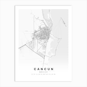 Cancun Mexico White Map Art Print