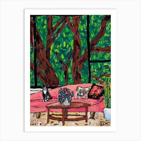Tuxedo Cat In Green And Pink Garden Room Interior Art Print