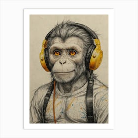 Monkey With Headphones Art Print