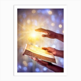 A Hand Gently Holding Open A Holy Bible To Highlight A Passage Surrounded By A Soft Glow That Sugge (4) Art Print