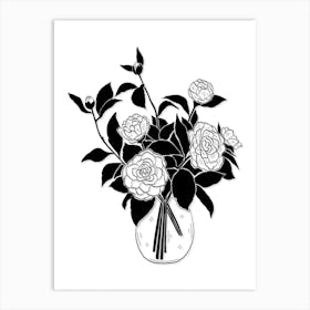 Bouquet Of Roses In A Vase Black and White Art Print