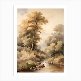 Stream Forest Nature Landscape Watercolor Art Painting Trees Art Print