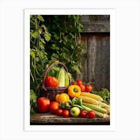 Assorted Vegetables And Fruits From A Fresh Farm Harvest Arranged In A Rustic Wicker Basket Overfl (3) Art Print