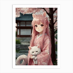 Asian Girl With Cat Art Print