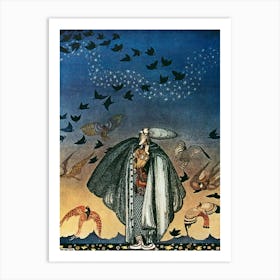 "No Sooner Had He Whistled Than He Heard A Whizzing And A Whirring From All Quarter And Such A Large Flock Of Birds Swept Down That They Blackened All The Field In Which They Settled" by Kay Nielsen - East of the Sun and West of the Moon 1914 - Vintage Victorian Fairytale Art Signed Remastered High Resolution Art Print