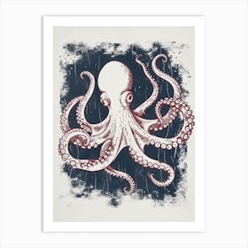 Red & Navy Octopus Linocut Inspired In The Ocean 6 Art Print