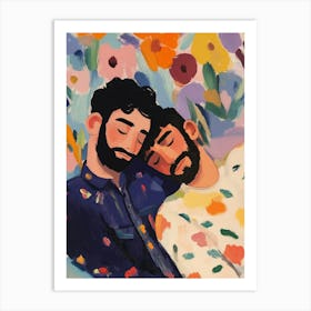 Gay Couple Cuddles Gouache Painting Art Print