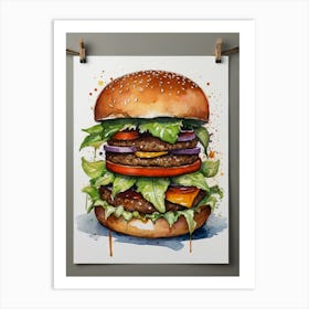 Watercolor Of A Hamburger Art Print