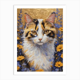 Klimt Style Calico Cat in Colorful Garden Flowers Meadow Gold Leaf Painting - Gustav Klimt and Monet Inspired Textured Acrylic Palette Knife Art Daisies Poppies Amongst Wildflowers Beautiful HD High Resolution Art Print