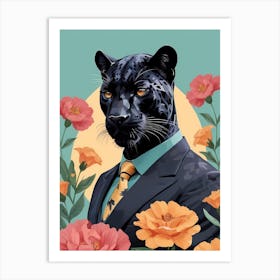 Floral Black Panther Portrait In A Suit (28) Art Print