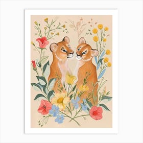 Folksy Floral Animal Drawing Mountain Lion 2 Art Print