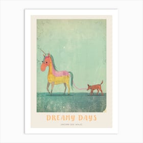 Pastel Storybook Style Unicorn Walking A Dog 3 Poster Art Print