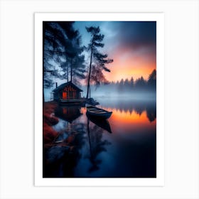 Misty Lake At Sunrise Art Print