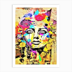 Mail Art Model - Womans Face With Flowers Art Print