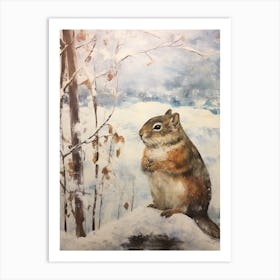 Vintage Winter Animal Painting Chipmunk 1 Art Print