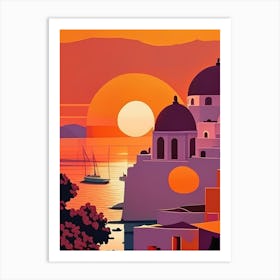 Santorini, Greece Retro Sunset Art Print