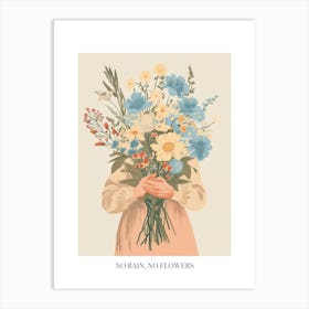 No Rain, No Flowers Poster Spring Girl With Blue Flowers 3 Art Print