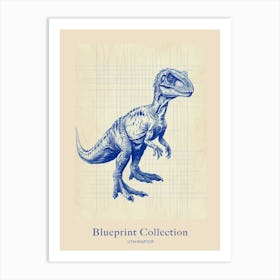 Utahraptor Dinosaur Blue Print Sketch 2 Poster Art Print