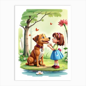 3d Animation Style Dog Kissig With His Tounge A Little Girl O 0 1 Art Print