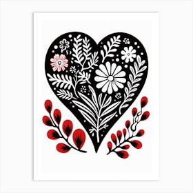Folky Heart Linocut Style Black Red & White 4 Art Print