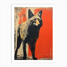 Gray Fox, Woodblock Animal Drawing 2 Art Print