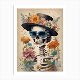 Vintage Floral Skeleton With Hat And Sunglasses (35) Art Print
