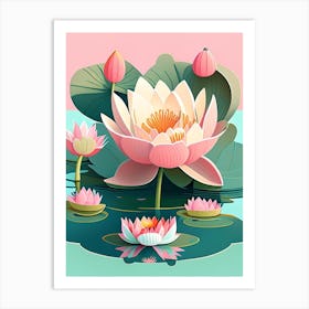 Blooming Lotus Flower In Lake Scandi Cartoon 2 Art Print