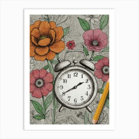 Clock And Flowers Art Print