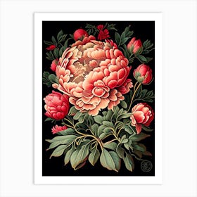 Coral Charm Peonies Black  Vintage Botanical Art Print