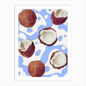 Coconut on blue background with white coconut milk. Coconut pattern Art Print