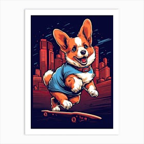 Corgi Dog Skateboarding Illustration 3 Art Print