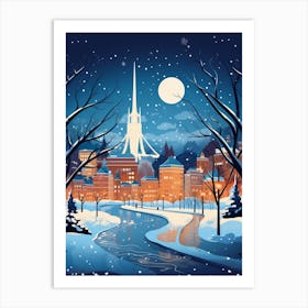 Winter Travel Night Illustration Boston Usa 3 Art Print