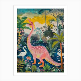 Dinosaur With Swans Painting 3 Art Print