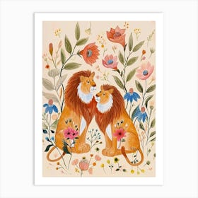 Folksy Floral Animal Drawing Lion 4 Art Print