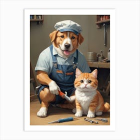 Cat And A Dog Mechanic Pet lovers Art Print